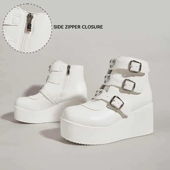 🆕 LUCKY STEP White PU Chunky Platform Ankle Boots Zip Buckle Goth Booties - Picture 3 of 7